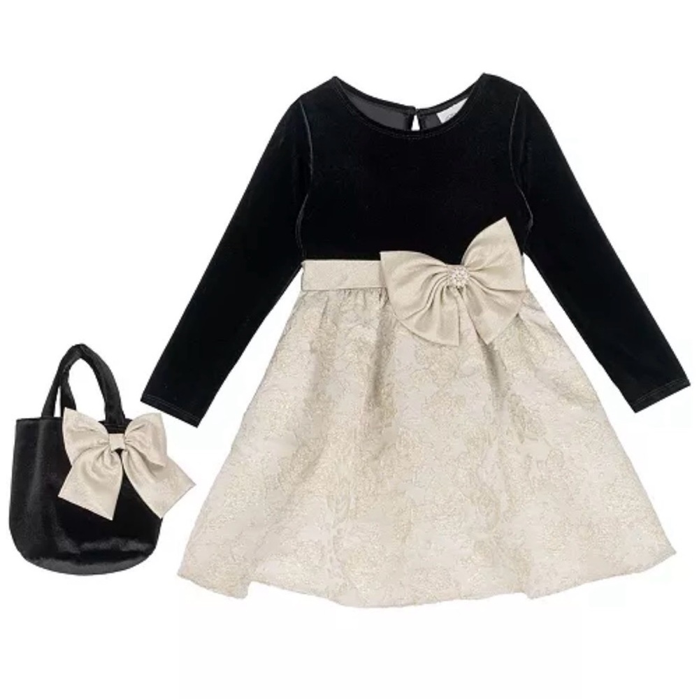 Elegant Black, Gold, Cream Kids Dress with Bow and matching purse - New w/ Tags